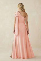 Ruffled One Shoulder Chiffon Bridesmaid Dress With Slit in Rose Petal - Curvevia