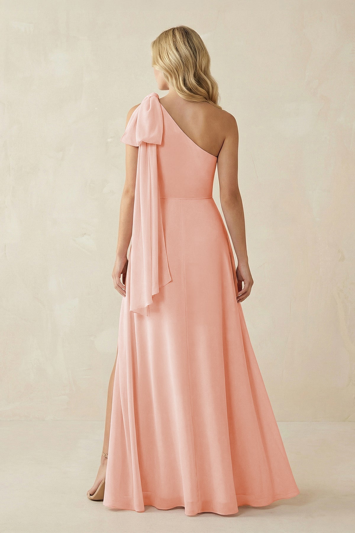 Ruffled One Shoulder Chiffon Bridesmaid Dress With Slit in Rose Petal - Curvevia