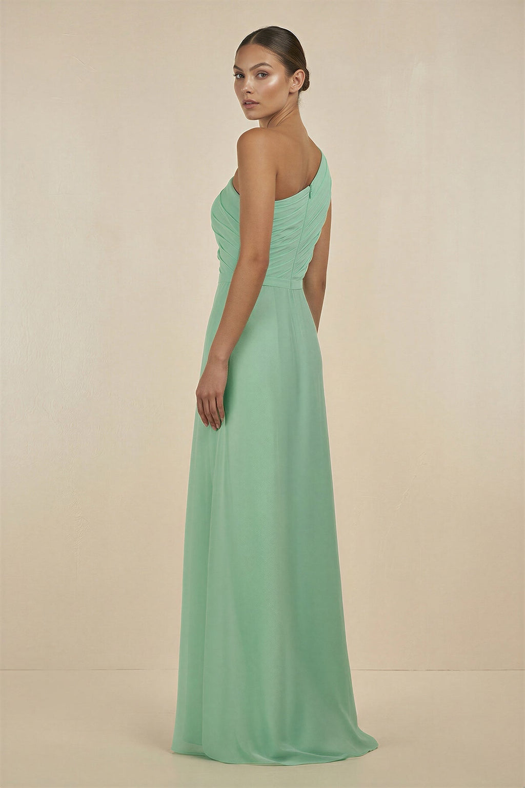 Ruffled One-Shoulder Pleated Sheath Bridesmaid Dress in Pale Pistachio - Curvevia