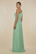 Ruffled One-Shoulder Pleated Sheath Bridesmaid Dress in Pale Pistachio - Curvevia