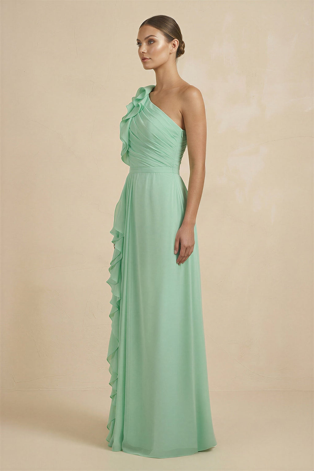 Ruffled One-Shoulder Pleated Sheath Bridesmaid Dress in Pale Pistachio - Curvevia