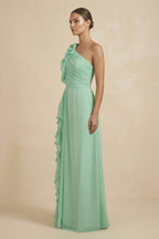 Ruffled One-Shoulder Pleated Sheath Bridesmaid Dress in Pale Pistachio - Curvevia