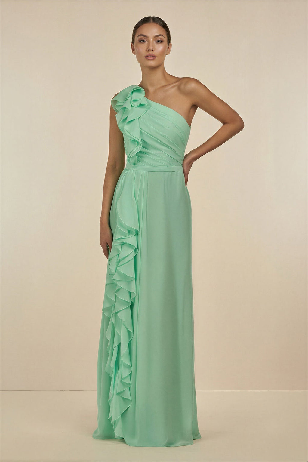 Ruffled One-Shoulder Pleated Sheath Bridesmaid Dress in Pale Pistachio - Curvevia