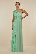 Ruffled One-Shoulder Pleated Sheath Bridesmaid Dress in Pale Pistachio - Curvevia