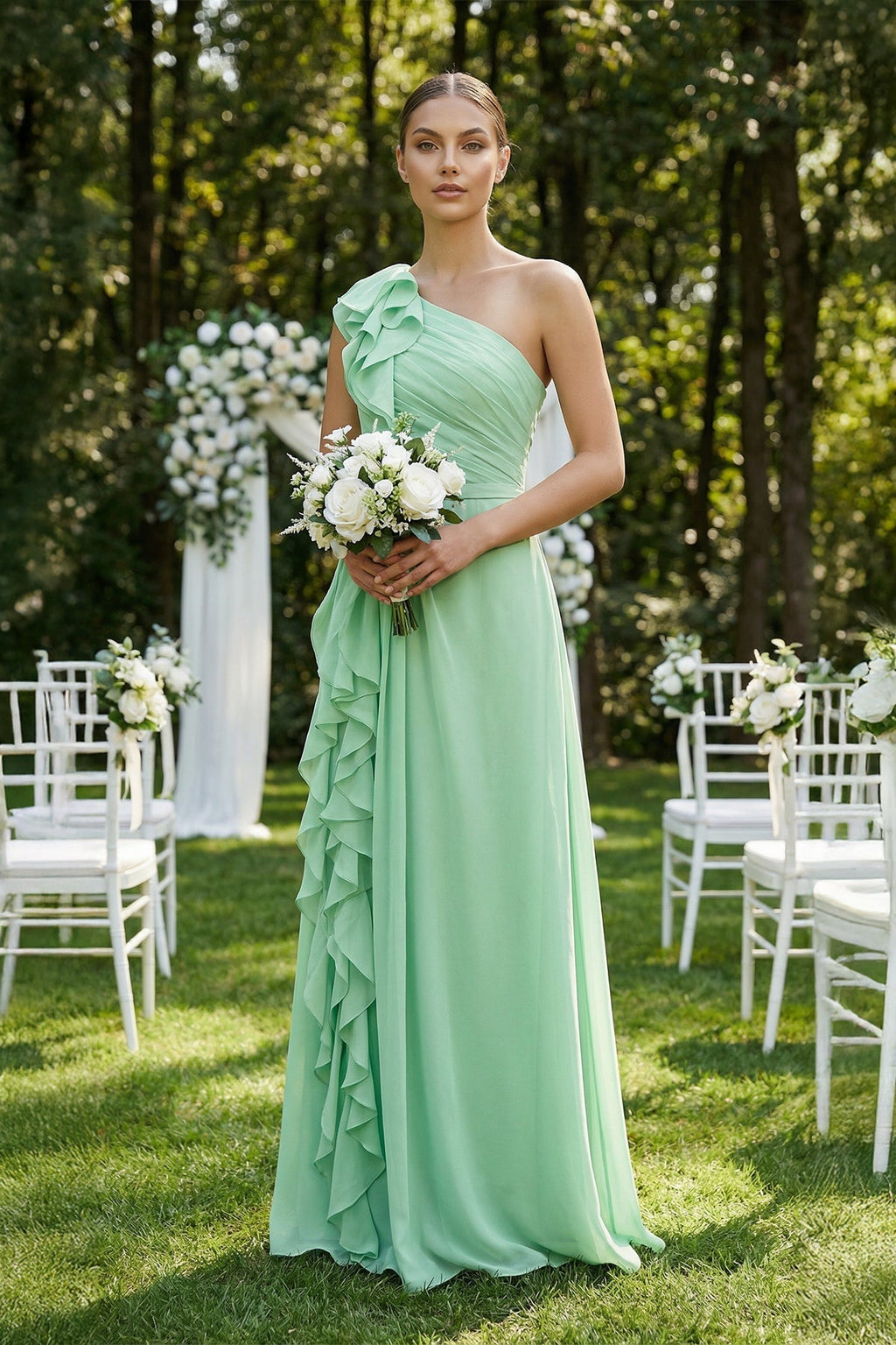Ruffled One-Shoulder Pleated Sheath Bridesmaid Dress in Pale Pistachio - Curvevia