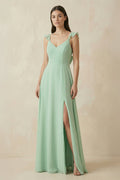 Ruffled Sleeve A-Line Chiffon Bridesmaid Dress in Pale Pistachio - Curvevia