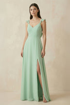 Ruffled Sleeve A-Line Chiffon Bridesmaid Dress in Pale Pistachio - Curvevia