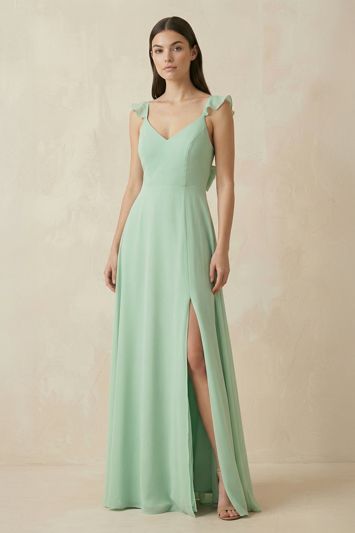 Ruffled Sleeve A-Line Chiffon Bridesmaid Dress in Pale Pistachio - Curvevia