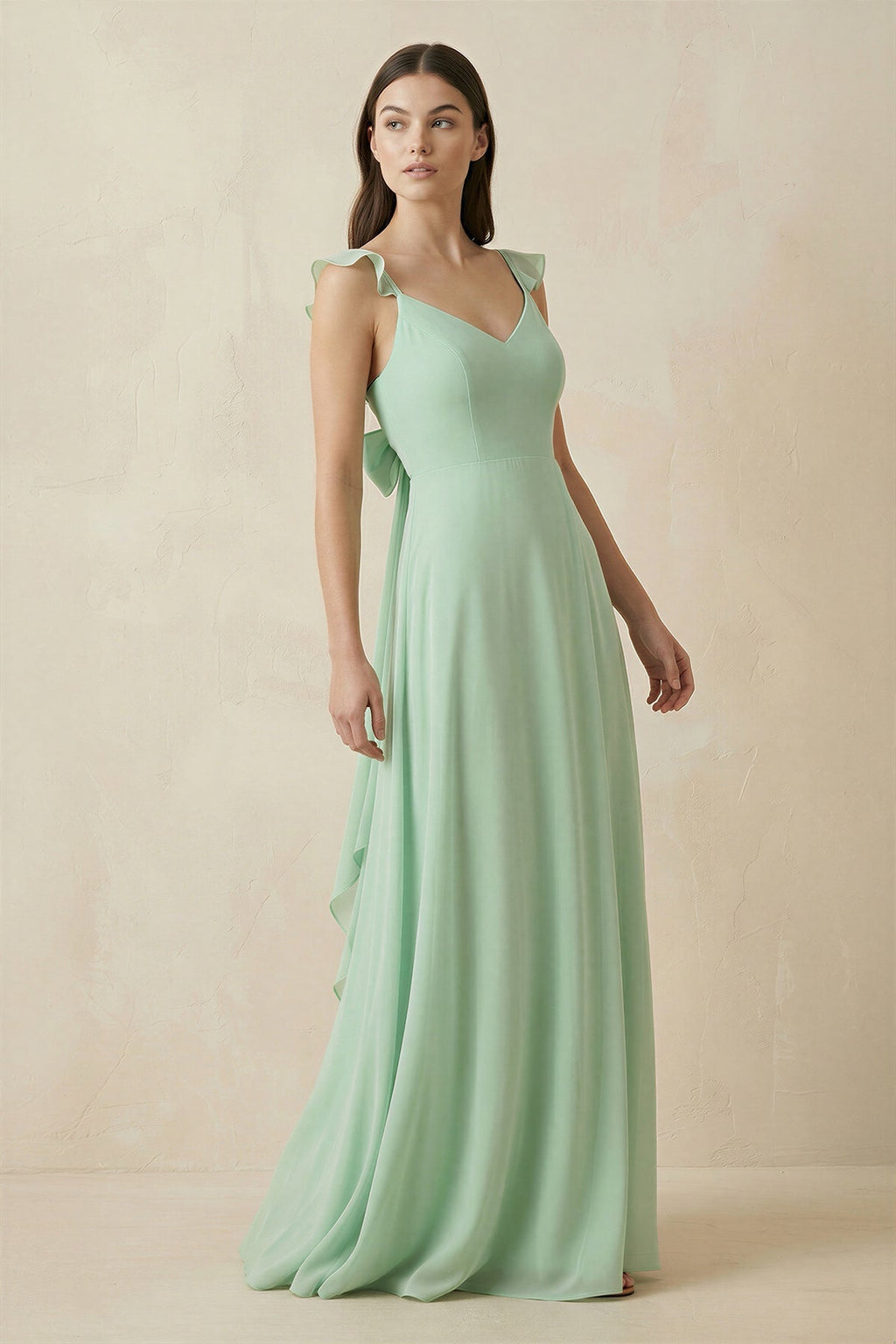 Ruffled Sleeve A-Line Chiffon Bridesmaid Dress in Pale Pistachio - Curvevia