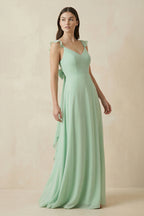 Ruffled Sleeve A-Line Chiffon Bridesmaid Dress in Pale Pistachio - Curvevia