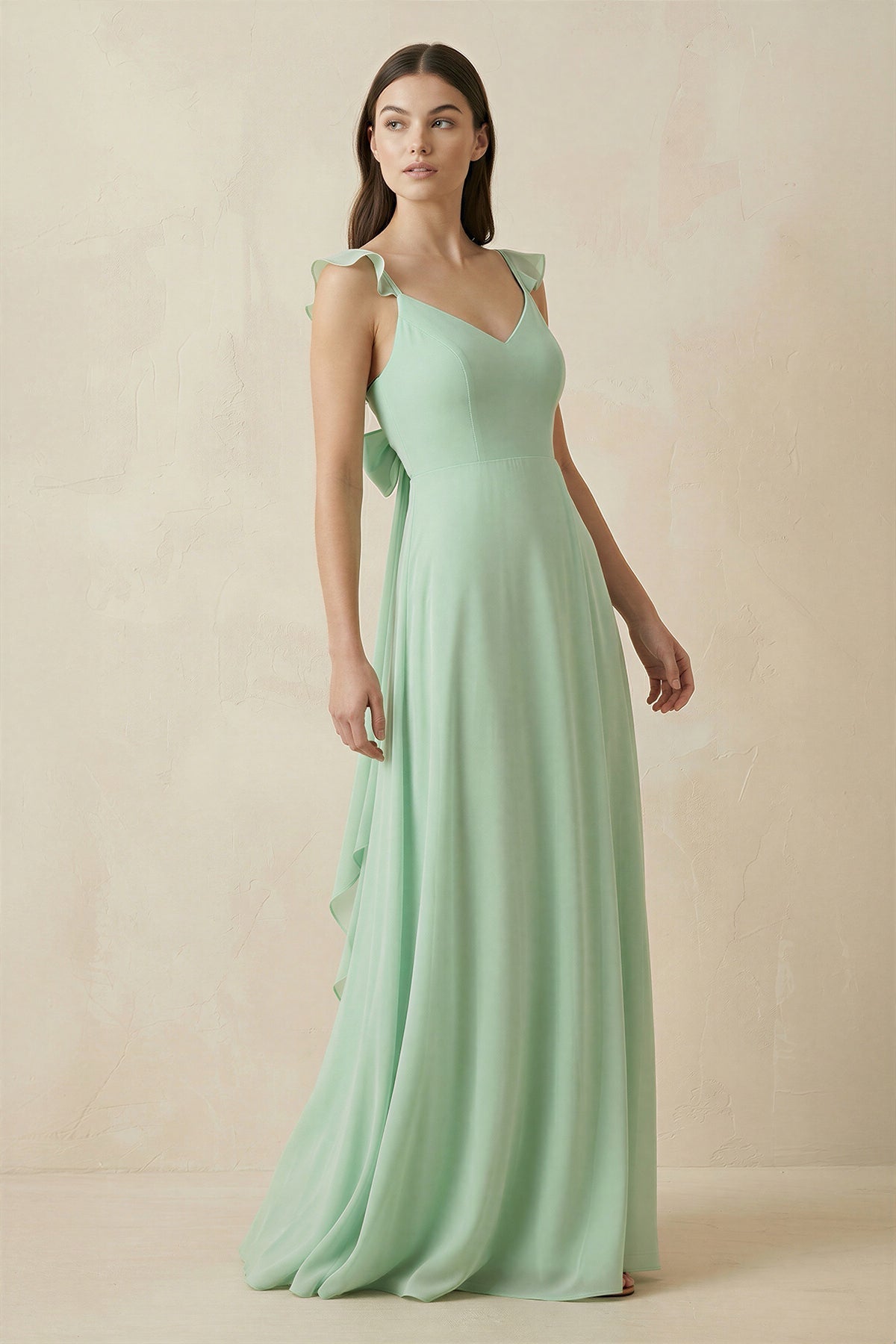 Ruffled Sleeve A-Line Chiffon Bridesmaid Dress in Pale Pistachio - Curvevia