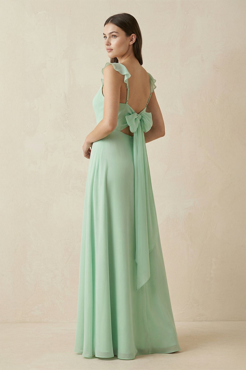 Ruffled Sleeve A-Line Chiffon Bridesmaid Dress in Pale Pistachio - Curvevia