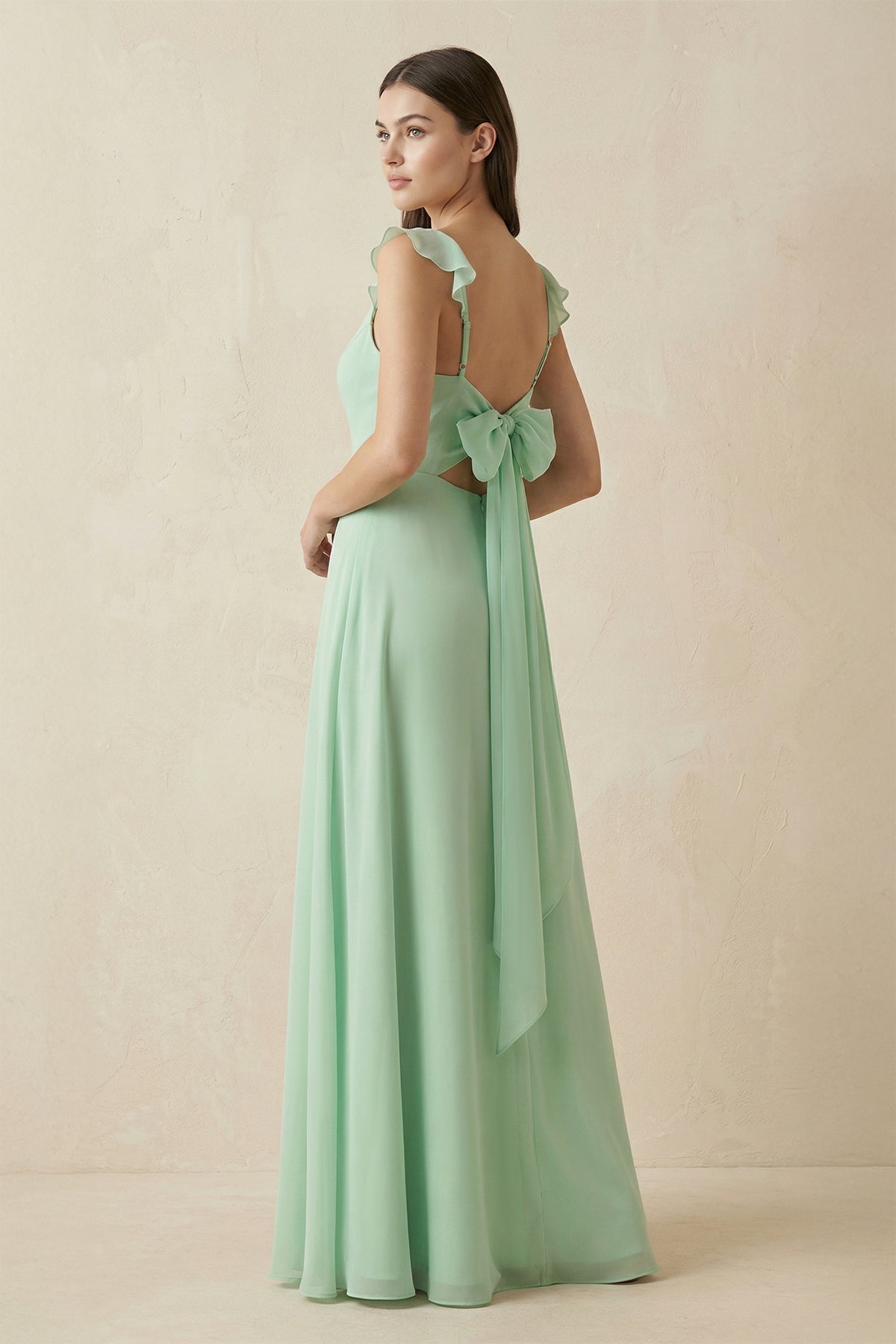 Ruffled Sleeve A-Line Chiffon Bridesmaid Dress in Pale Pistachio - Curvevia