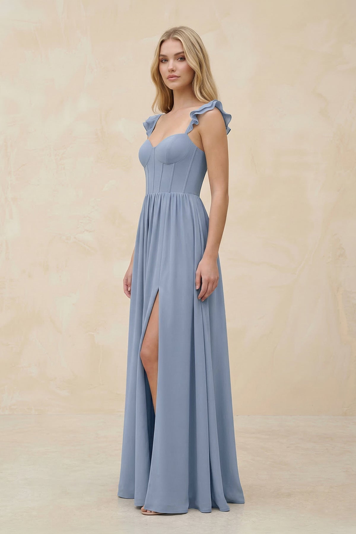 Ruffled Sleeve A-Line Corset Chiffon Bridesmaid Dress in Twilight - Curvevia