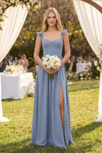 Ruffled Sleeve A-Line Corset Chiffon Bridesmaid Dress in Twilight - Curvevia