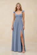 Ruffled Sleeve A-Line Corset Chiffon Bridesmaid Dress in Twilight - Curvevia