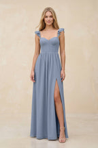 Ruffled Sleeve A-Line Corset Chiffon Bridesmaid Dress in Twilight - Curvevia