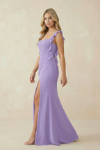 Ruffled Sleeve Ruched Sheath Chiffon Mother of the Bride Dress in Lavender - Curvevia