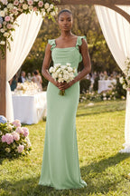 Ruffled Sleeve Sheath Satin Bridesmaid Dress in Sage - Curvevia