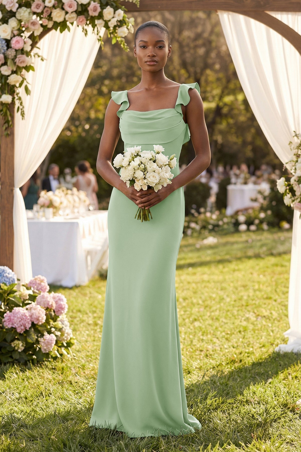 Ruffled Sleeve Sheath Satin Bridesmaid Dress in Sage - Curvevia