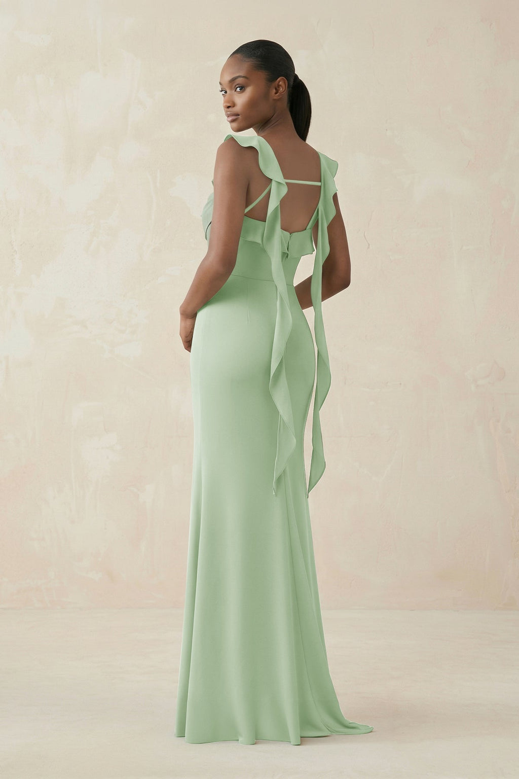 Ruffled Sleeve Sheath Satin Bridesmaid Dress in Sage - Curvevia