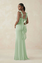Ruffled Sleeve Sheath Satin Bridesmaid Dress in Sage - Curvevia