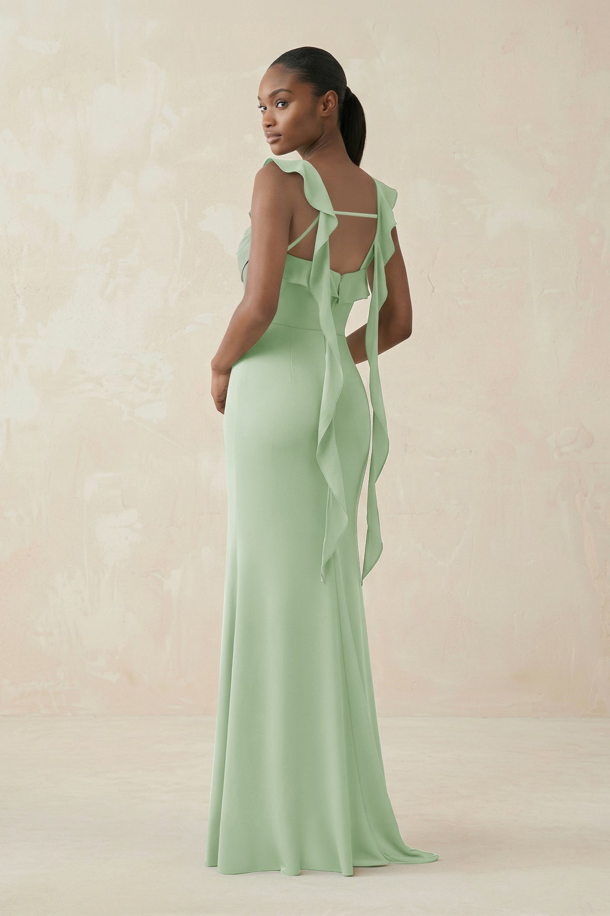Ruffled Sleeve Sheath Satin Bridesmaid Dress in Sage - Curvevia