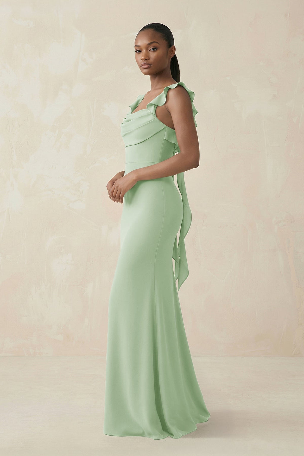 Ruffled Sleeve Sheath Satin Bridesmaid Dress in Sage - Curvevia