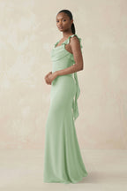 Ruffled Sleeve Sheath Satin Bridesmaid Dress in Sage - Curvevia