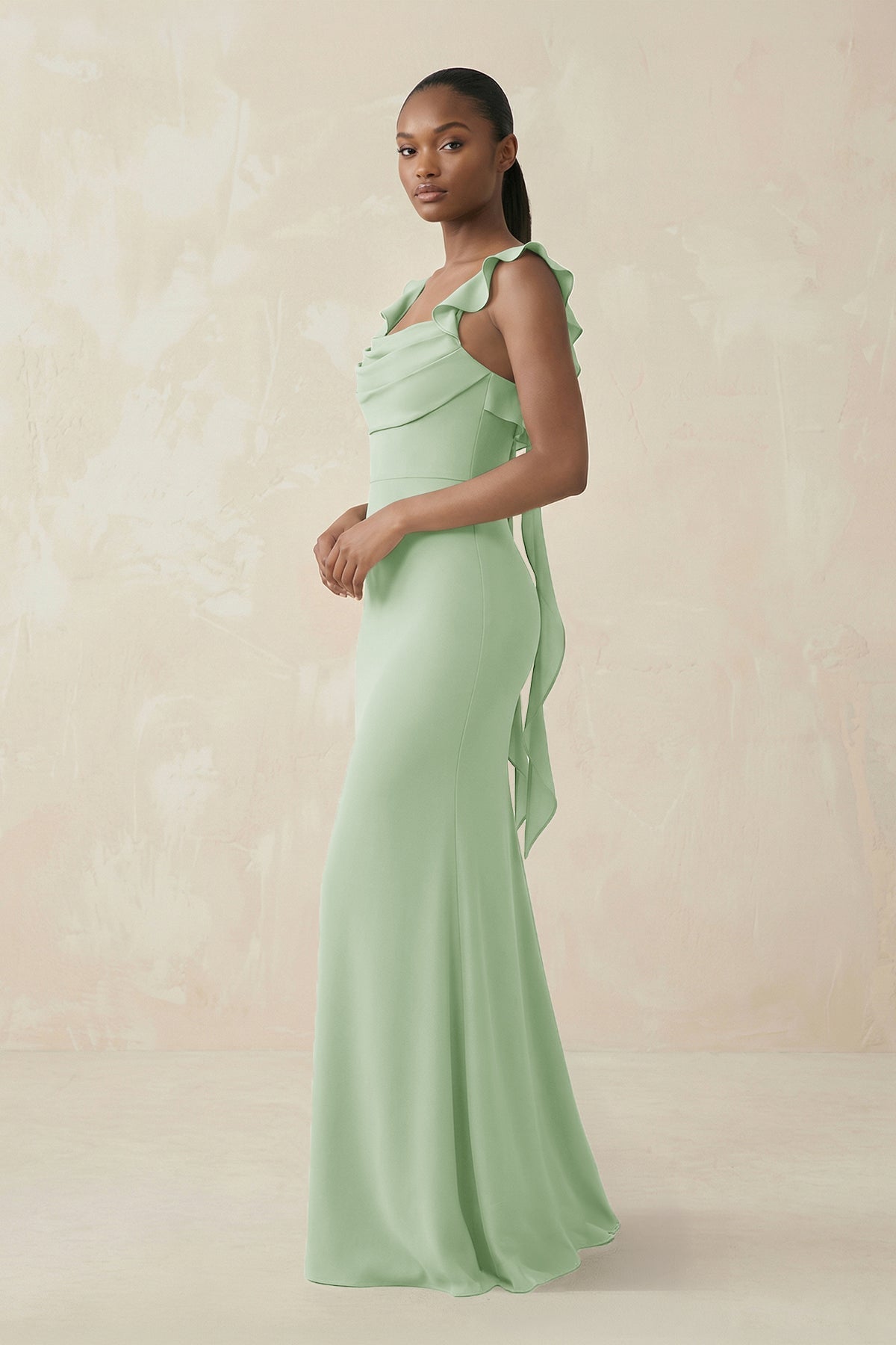 Ruffled Sleeve Sheath Satin Bridesmaid Dress in Sage - Curvevia