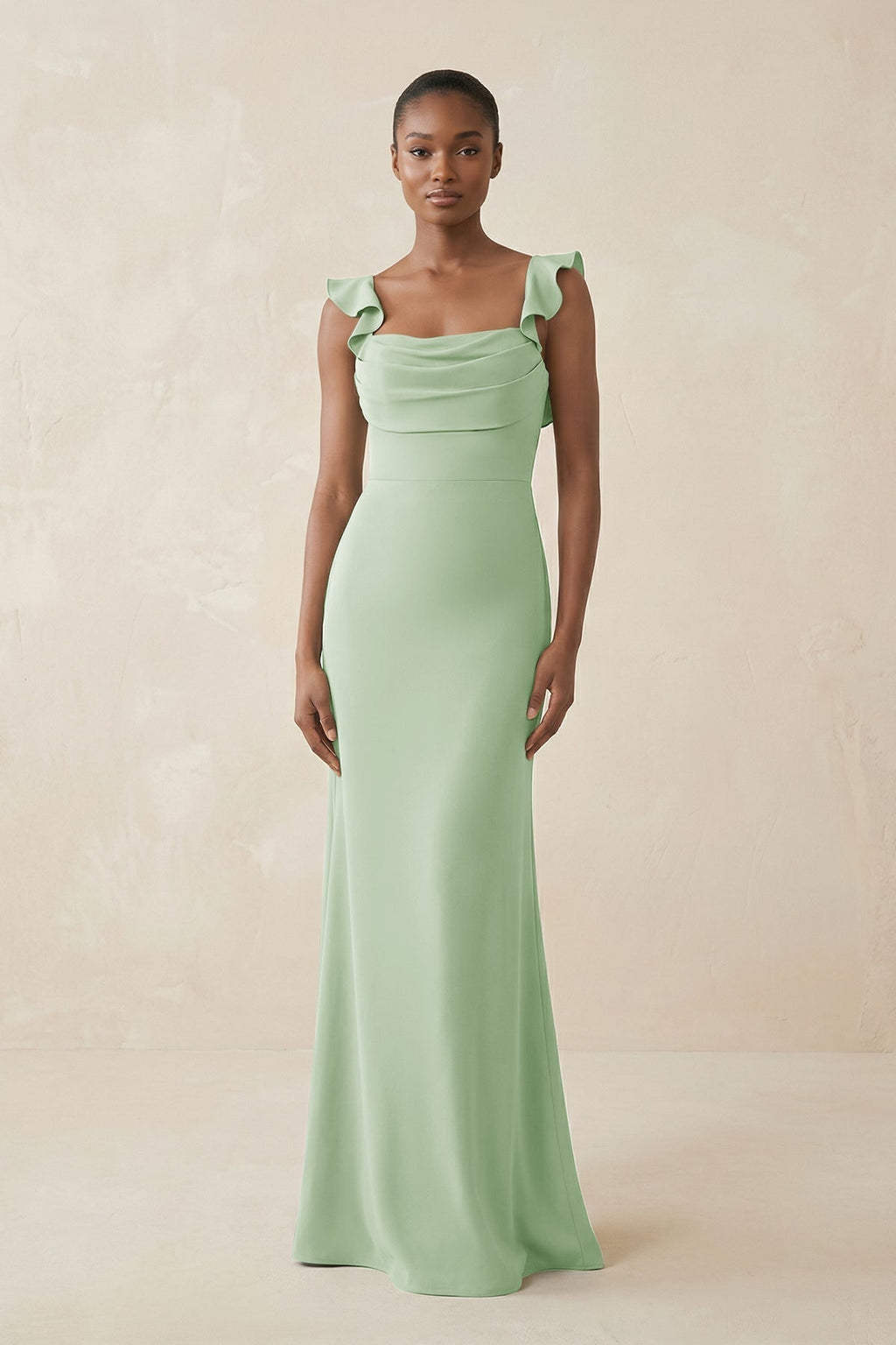 Ruffled Sleeve Sheath Satin Bridesmaid Dress in Sage - Curvevia