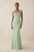 Ruffled Sleeve Sheath Satin Bridesmaid Dress in Sage - Curvevia