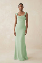 Ruffled Sleeve Sheath Satin Bridesmaid Dress in Sage - Curvevia