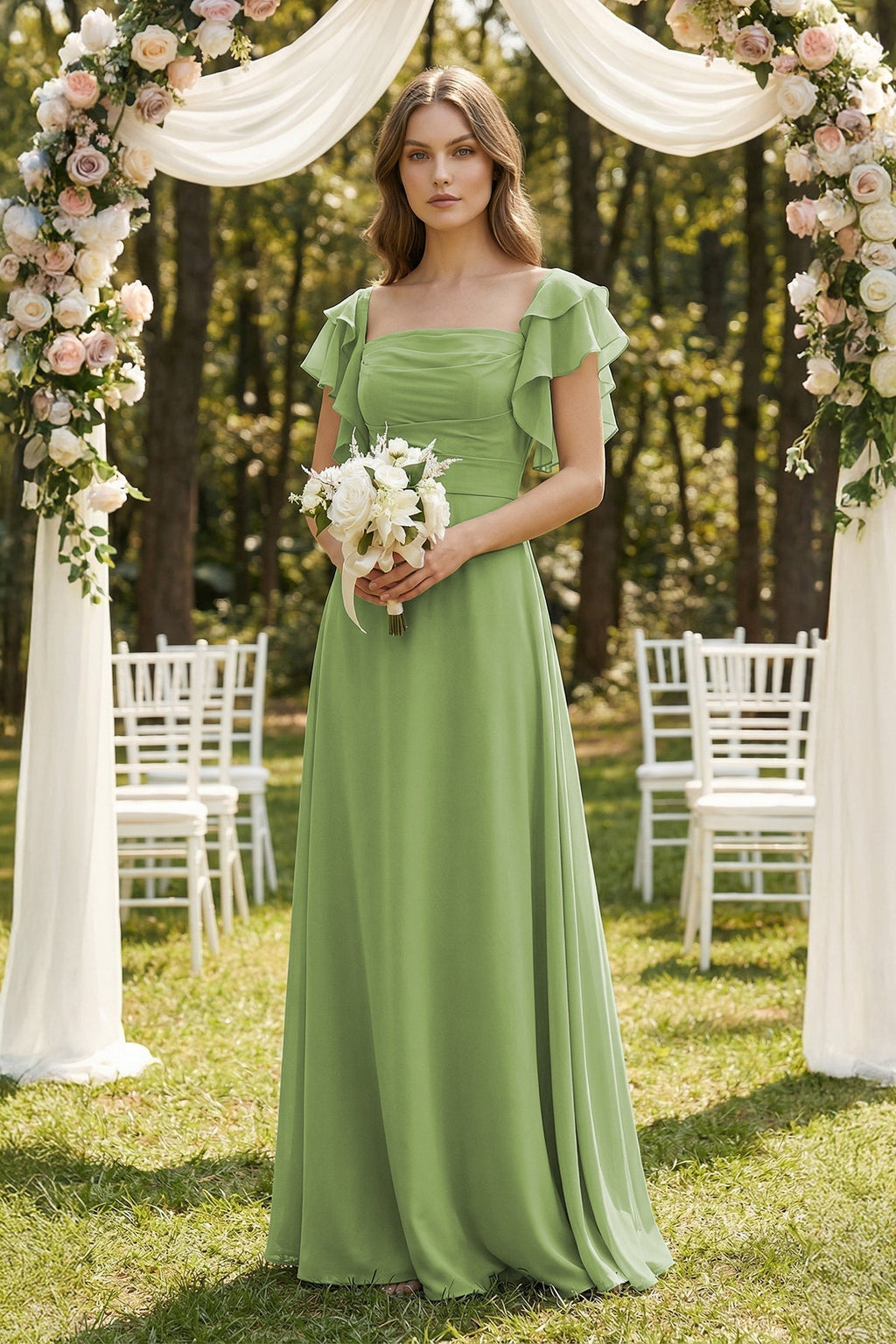 Ruffled Sleeves A-Line Chiffon Mother of the Bride Dress in Matcha - Curvevia