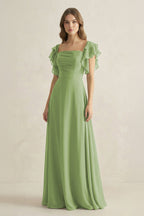 Ruffled Sleeves A-Line Chiffon Mother of the Bride Dress in Matcha - Curvevia