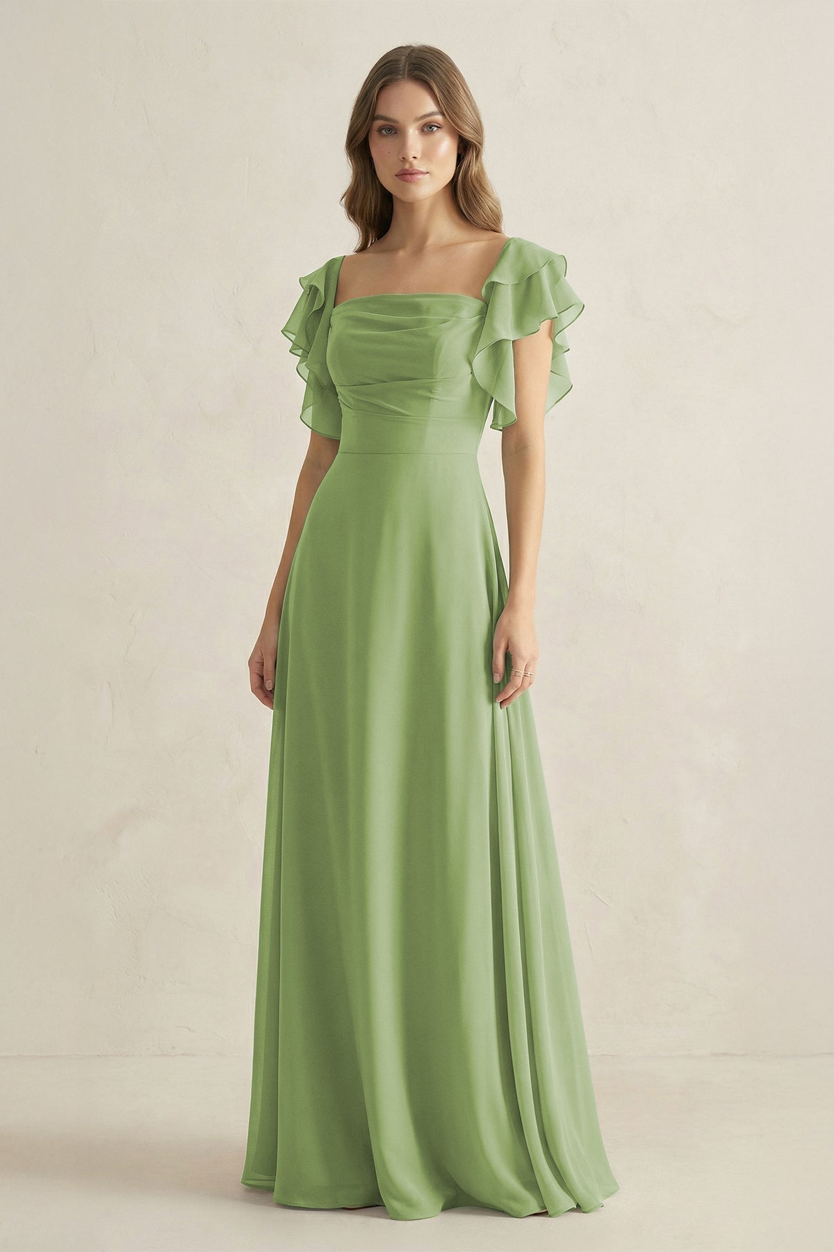 Ruffled Sleeves A-Line Chiffon Mother of the Bride Dress in Matcha - Curvevia