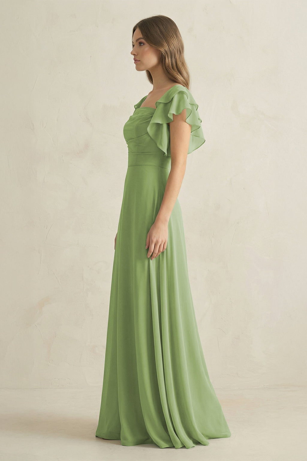 Ruffled Sleeves A-Line Chiffon Mother of the Bride Dress in Matcha - Curvevia