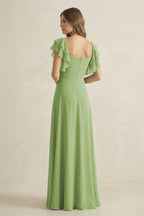 Ruffled Sleeves A-Line Chiffon Mother of the Bride Dress in Matcha - Curvevia