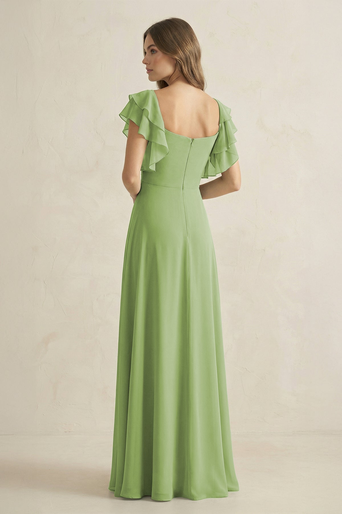 Ruffled Sleeves A-Line Chiffon Mother of the Bride Dress in Matcha - Curvevia