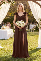 Ruffled Sleeves A-Line Chiffon Sweetheart Bridesmaid Dress in Espresso - Curvevia