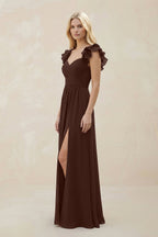 Ruffled Sleeves A-Line Chiffon Sweetheart Bridesmaid Dress in Espresso - Curvevia