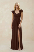 Ruffled Sleeves A-Line Chiffon Sweetheart Bridesmaid Dress in Espresso - Curvevia