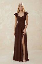 Ruffled Sleeves A-Line Chiffon Sweetheart Bridesmaid Dress in Espresso - Curvevia