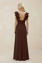 Ruffled Sleeves A-Line Chiffon Sweetheart Bridesmaid Dress in Espresso - Curvevia
