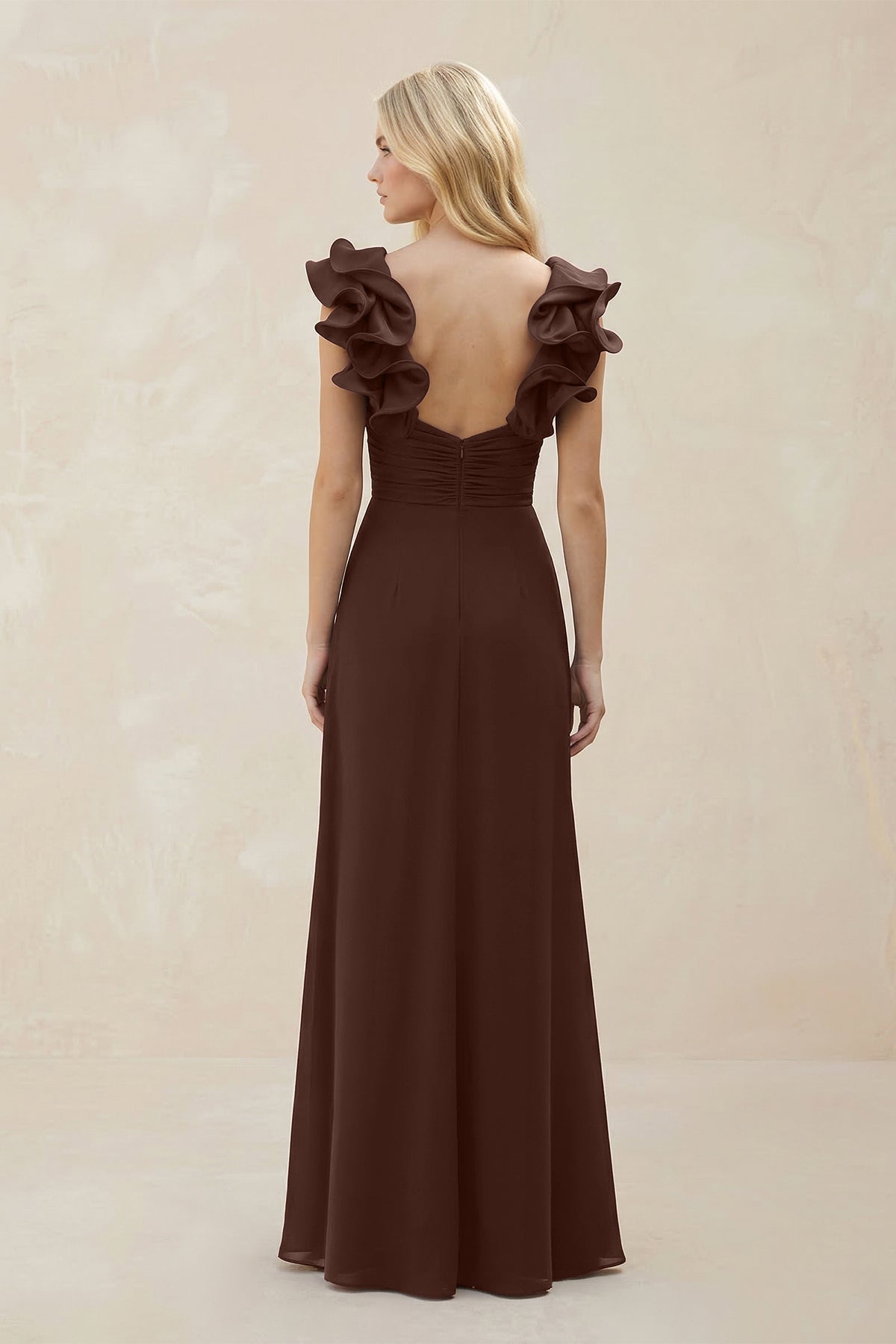 Ruffled Sleeves A-Line Chiffon Sweetheart Bridesmaid Dress in Espresso - Curvevia