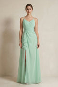 A-Line Ruffled Spaghetti Strap Chiffon Bridesmaid Dress in Pale Pistachio - Curvevia