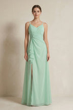 A-Line Ruffled Spaghetti Strap Chiffon Bridesmaid Dress in Pale Pistachio - Curvevia