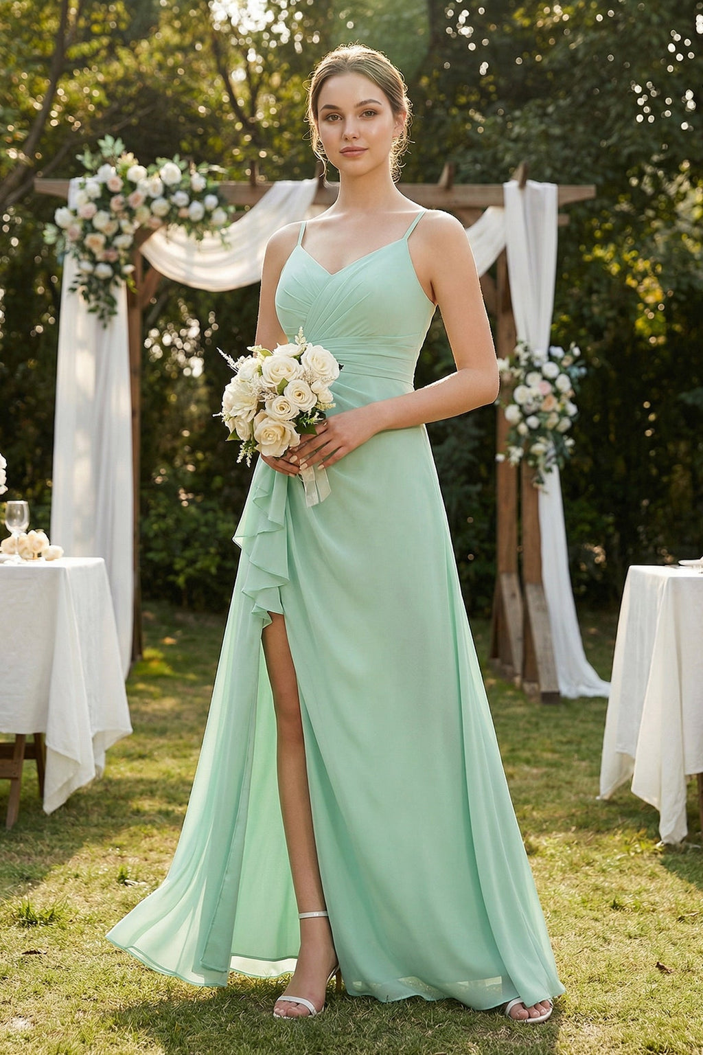 A-Line Ruffled Spaghetti Strap Chiffon Bridesmaid Dress in Pale Pistachio - Curvevia