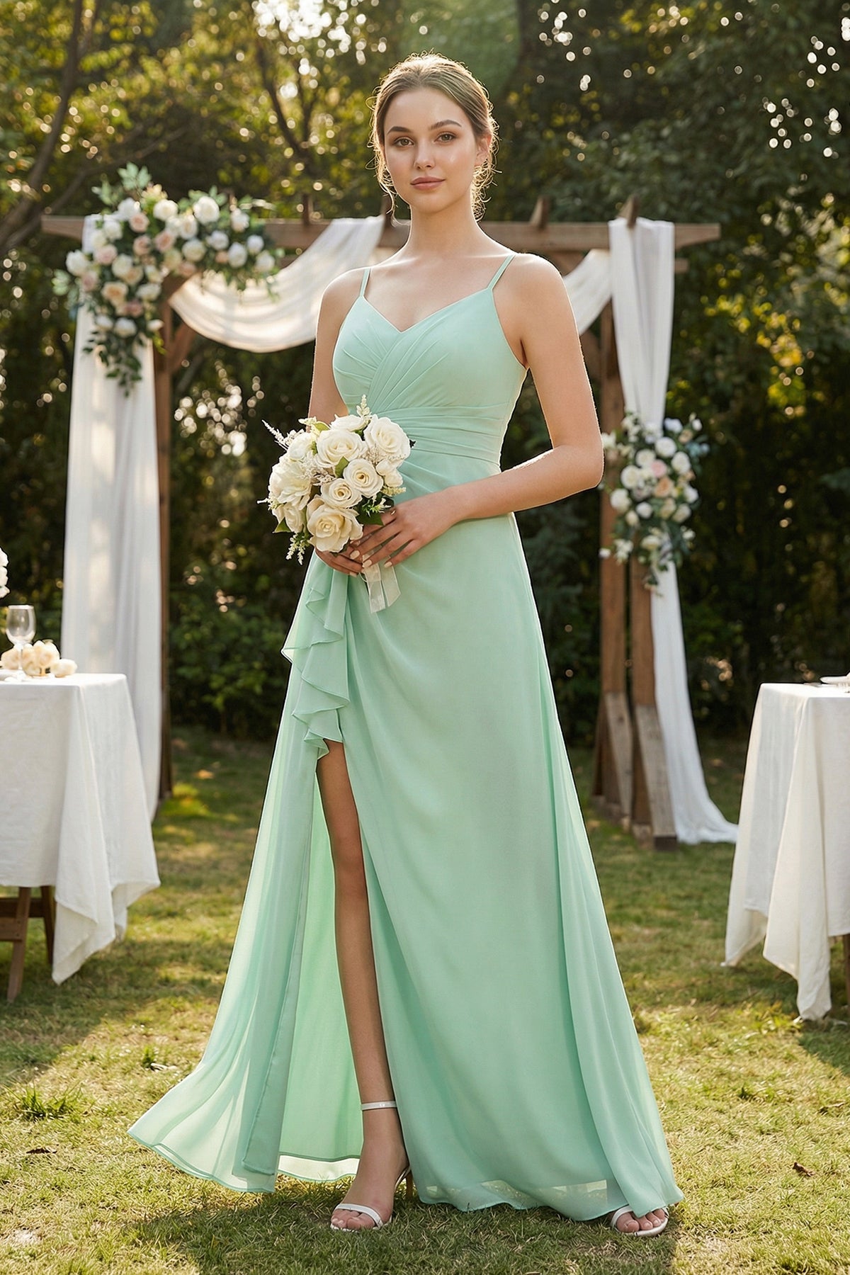 A-Line Ruffled Spaghetti Strap Chiffon Bridesmaid Dress in Pale Pistachio - Curvevia