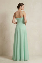 A-Line Ruffled Spaghetti Strap Chiffon Bridesmaid Dress in Pale Pistachio - Curvevia